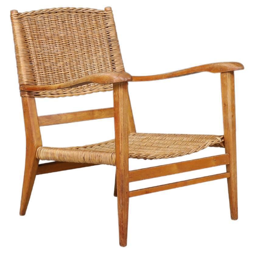 Mid Century Sculpted Armchair In Oak And Rattan, France, 1950s