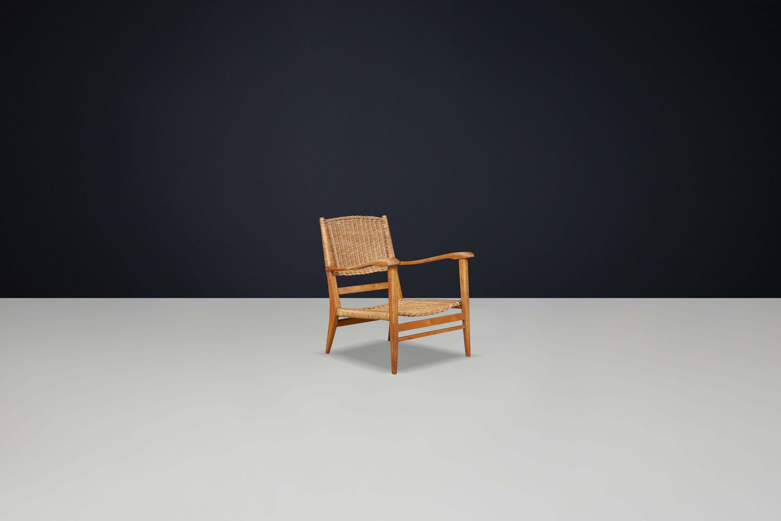 Mid Century Sculpted Armchair In Oak And Rattan, France, 1950s photo furniture