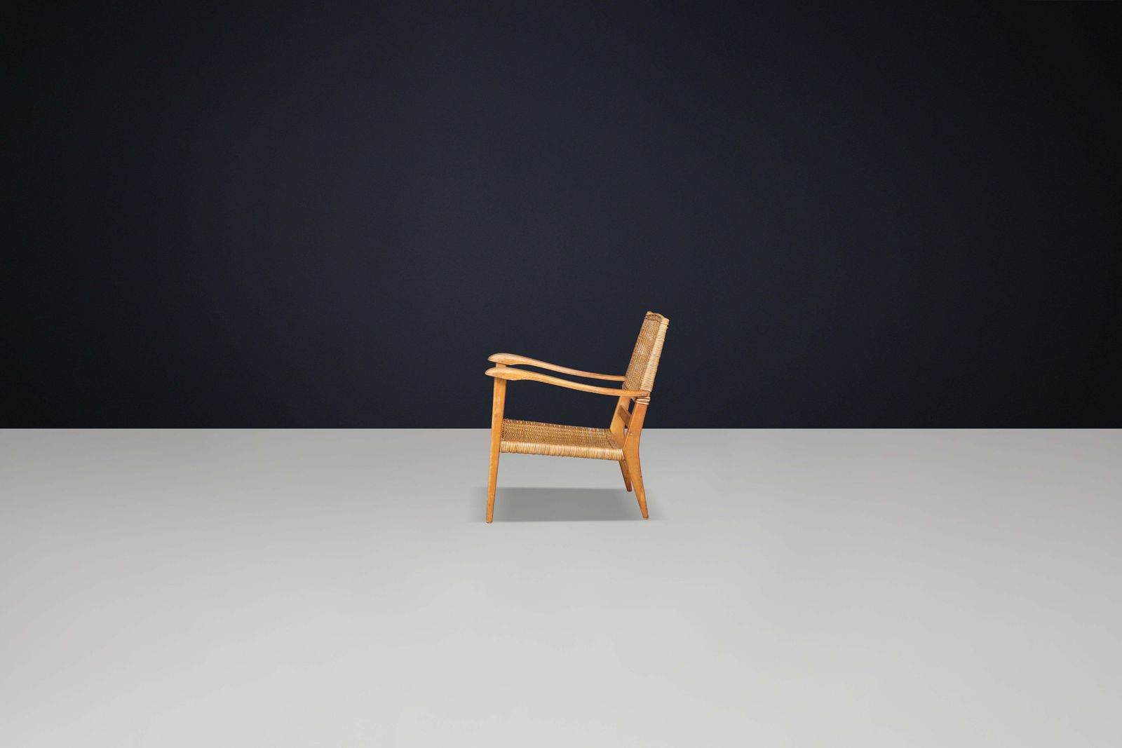 Mid Century Sculpted Armchair In Oak And Rattan, France, 1950s photo buy