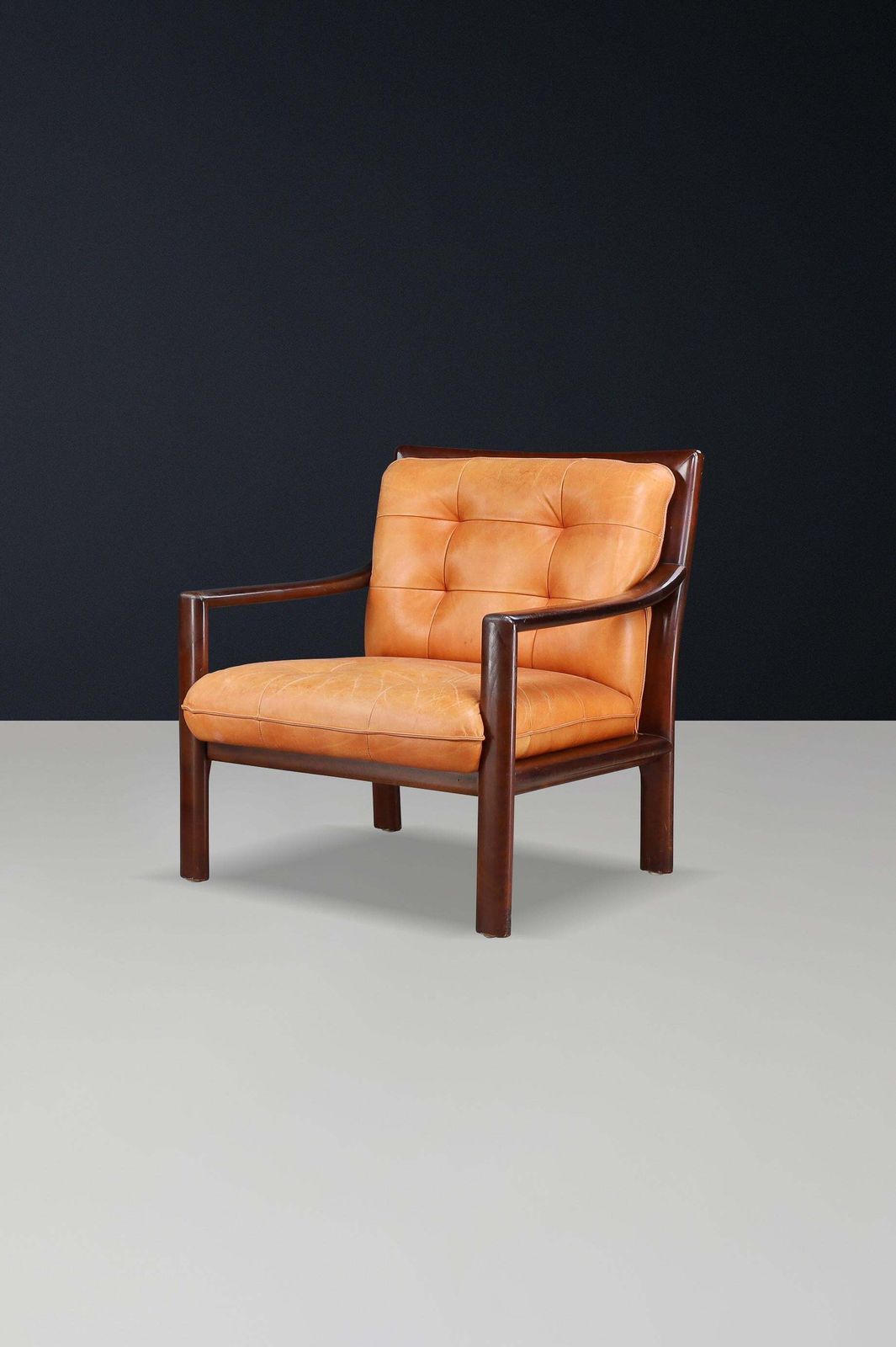 photo for sale Pair Of Mid Century Lounge Chairs In Cognac Leather & Mahogany Stained Hardwood