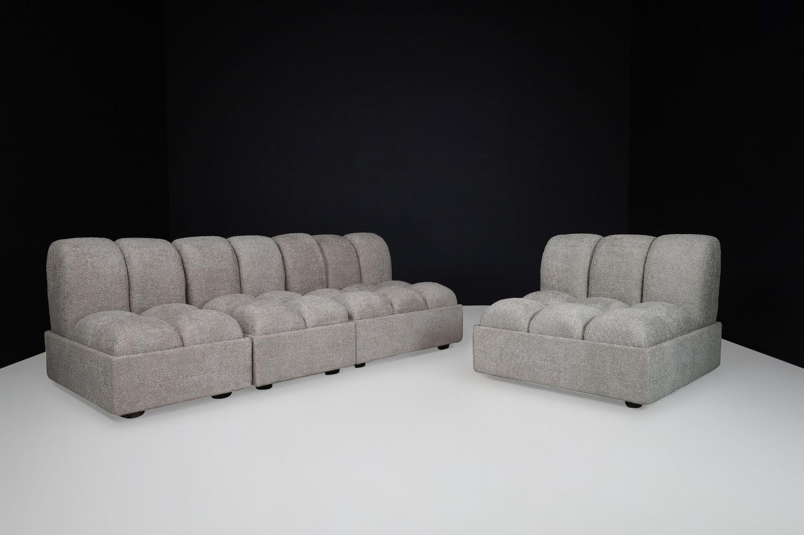 photo furniture 1970s Italian Mid Century Modular Sofa Set In New Bouclé, Set Of 4 Seats
