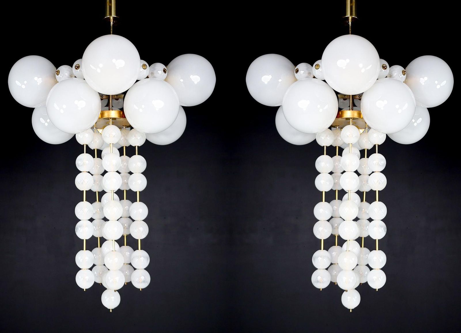 photo vintage Pair Of Two Grand Bohemian Chandeliers With Brass Fixtures And Hand Blowed Frost