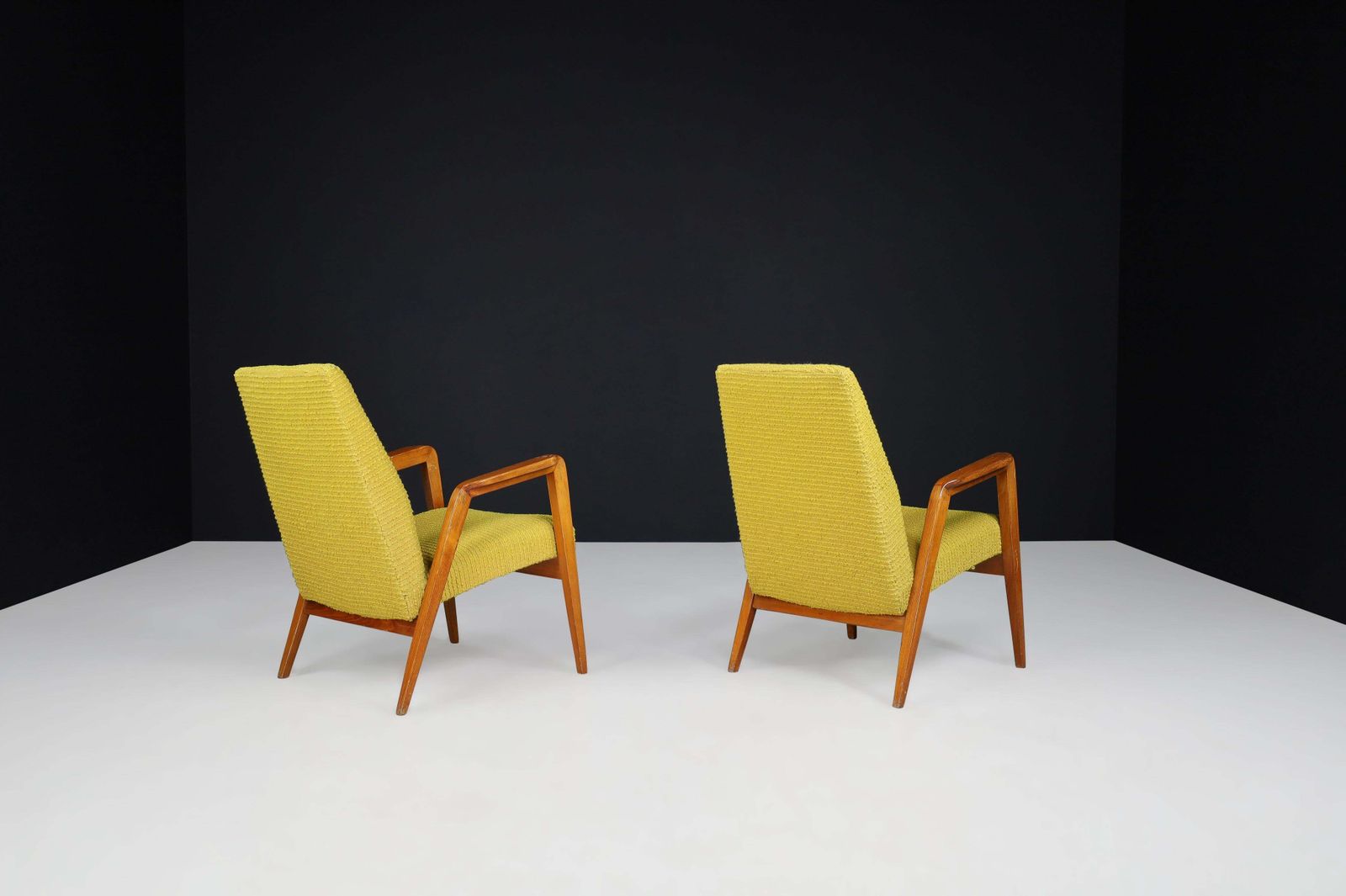 Mid Century Modern Lounge Chairs In Original Lemon Upholstery, Praque 1950s photo vinterior