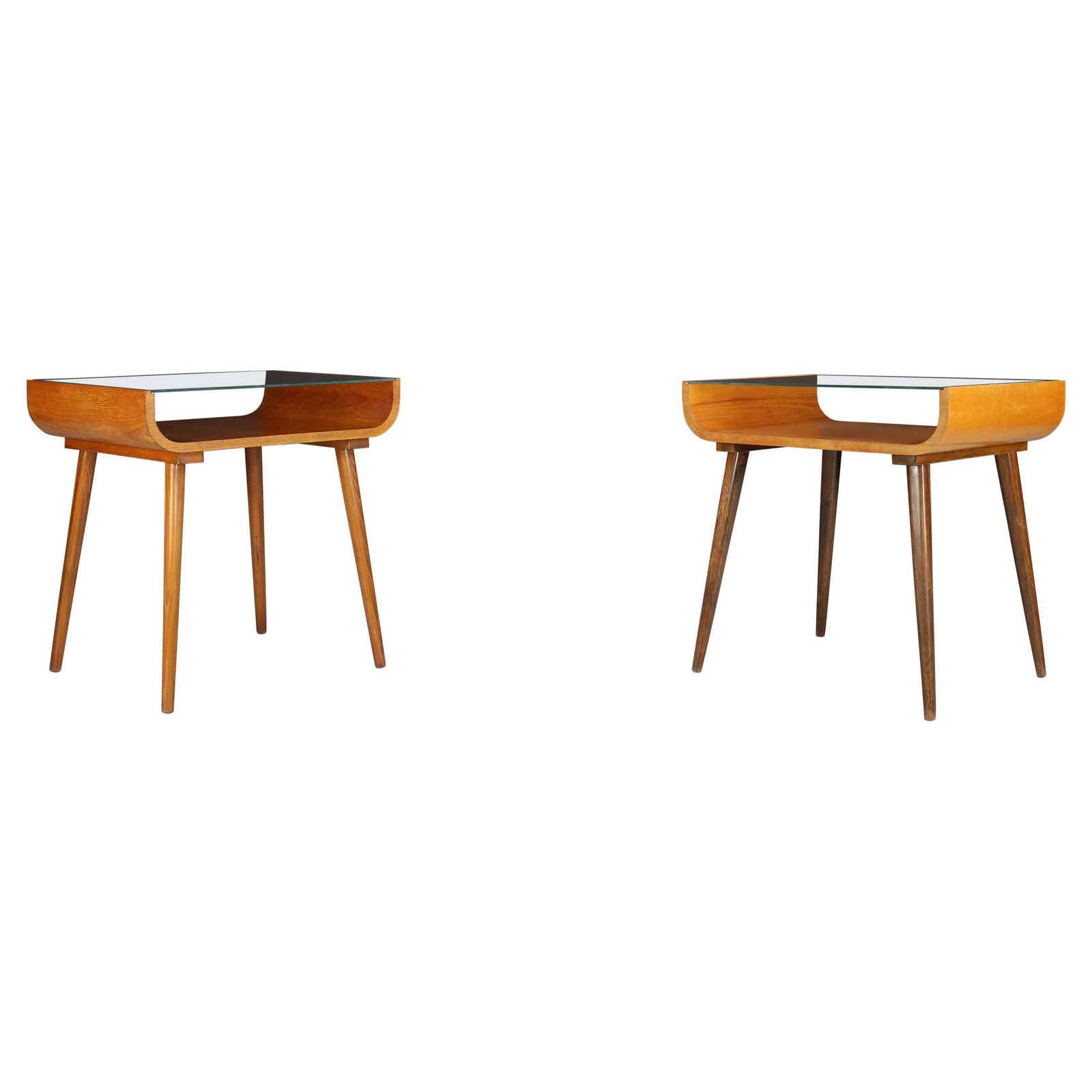 Pair Of Mid Century Beechwood And Glass Side Tables, Prague, 1950s