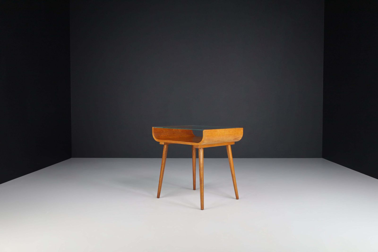 Pair Of Mid Century Beechwood And Glass Side Tables, Prague, 1950s photo for sale