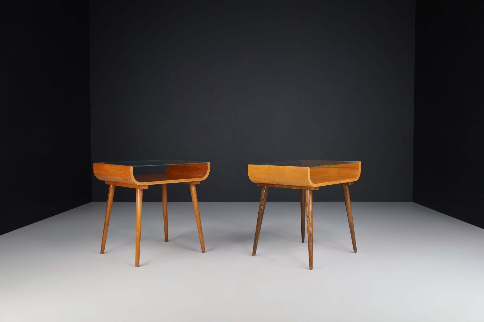 Pair Of Mid Century Beechwood And Glass Side Tables, Prague, 1950s photo Furniture
