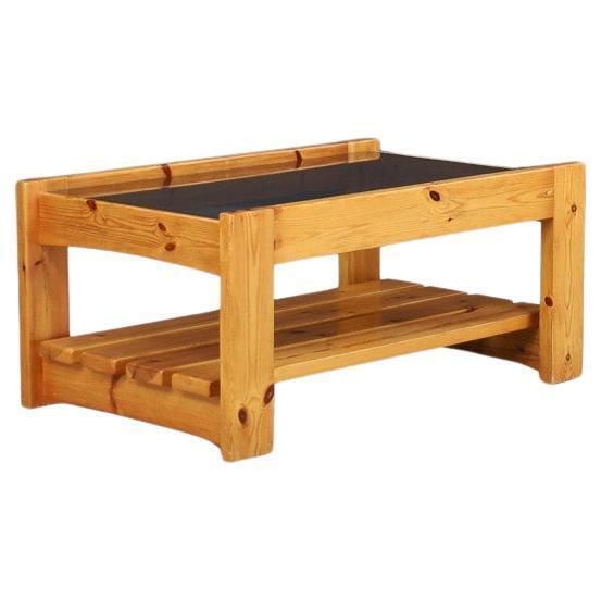 Modern Coffee Table In Pine And Smoked Glass By Maison Regain, France 1970s.