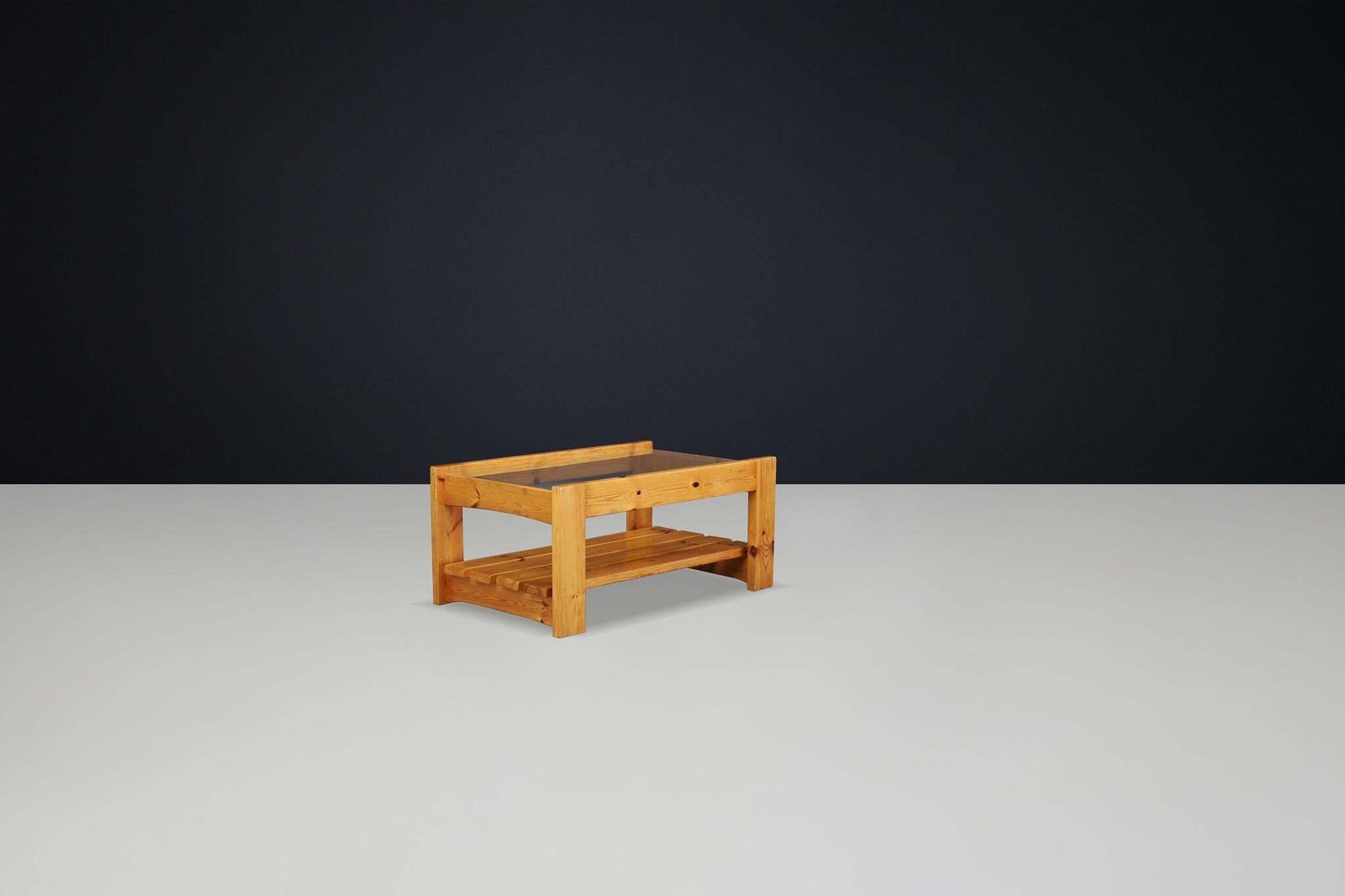 Modern Coffee Table In Pine And Smoked Glass By Maison Regain, France 1970s. photo vinterior