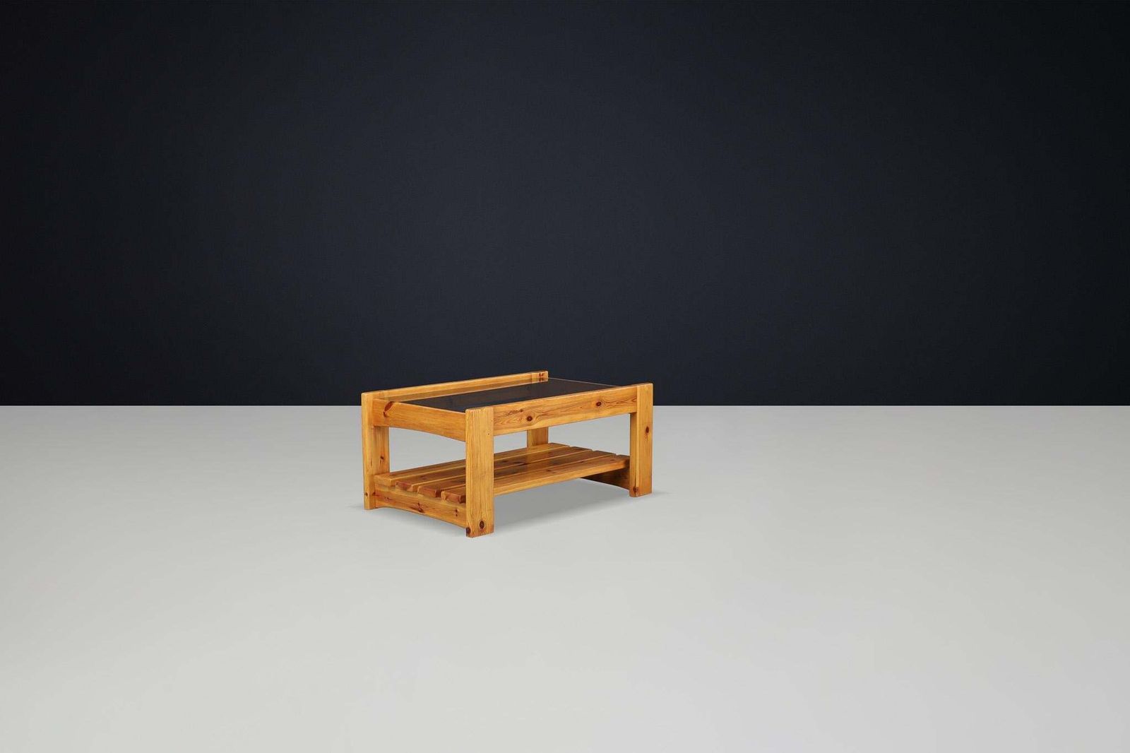 photo furniture Modern Coffee Table In Pine And Smoked Glass By Maison Regain, France 1970s.