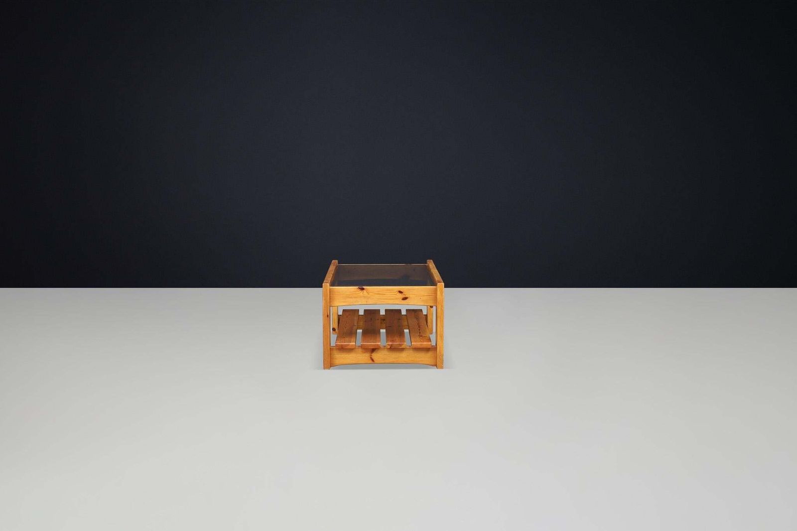 photo for sale Modern Coffee Table In Pine And Smoked Glass By Maison Regain, France 1970s.