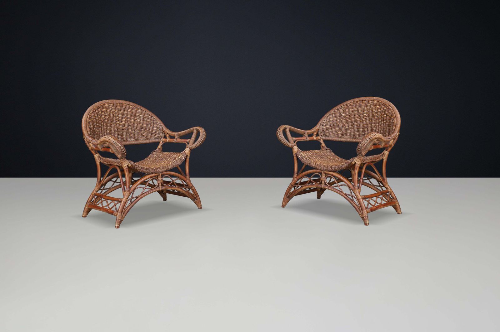 Set Of Two Sculptural Rattan And Bamboo Lounge Chairs, Spain, 1960s photo furniture