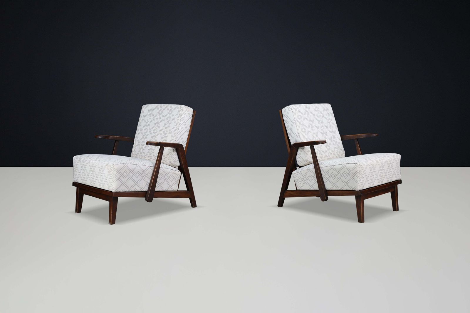 Sculptural 1950s Czech Oak Lounge Chairs – Mid Century Modern, Newly Upholstered photo for sale