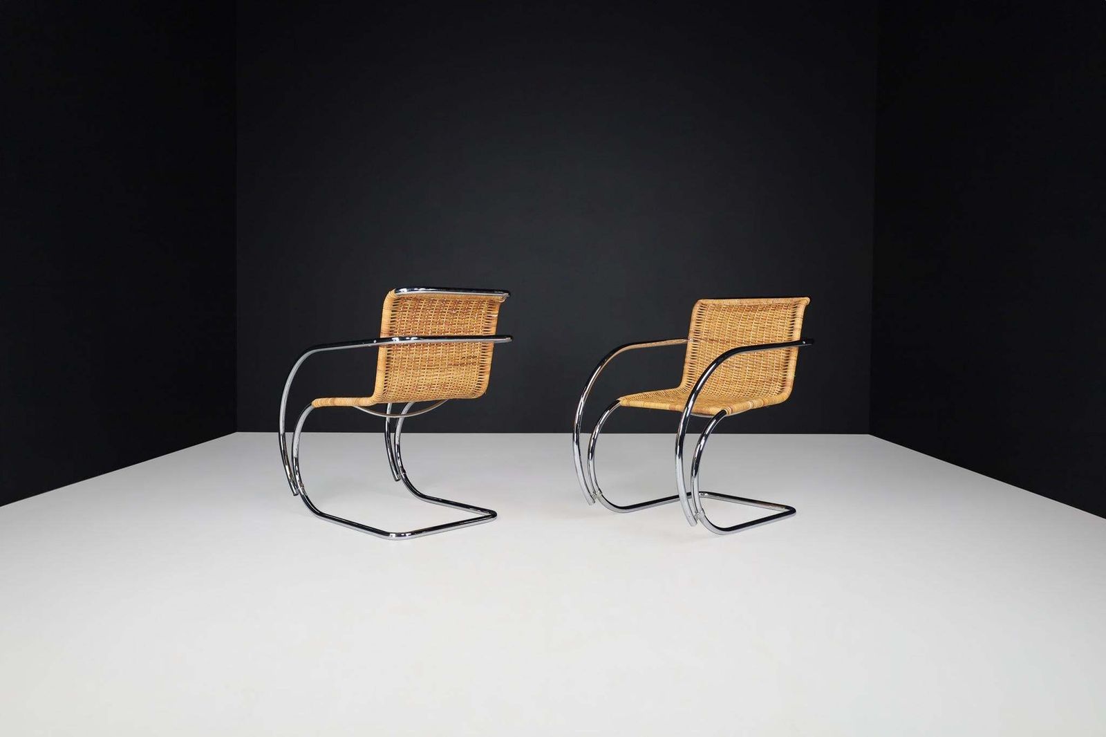 photo furniture Mies Van Der Rohe Mr20 Chrome & Wicker Lounge Chairs, 1970s