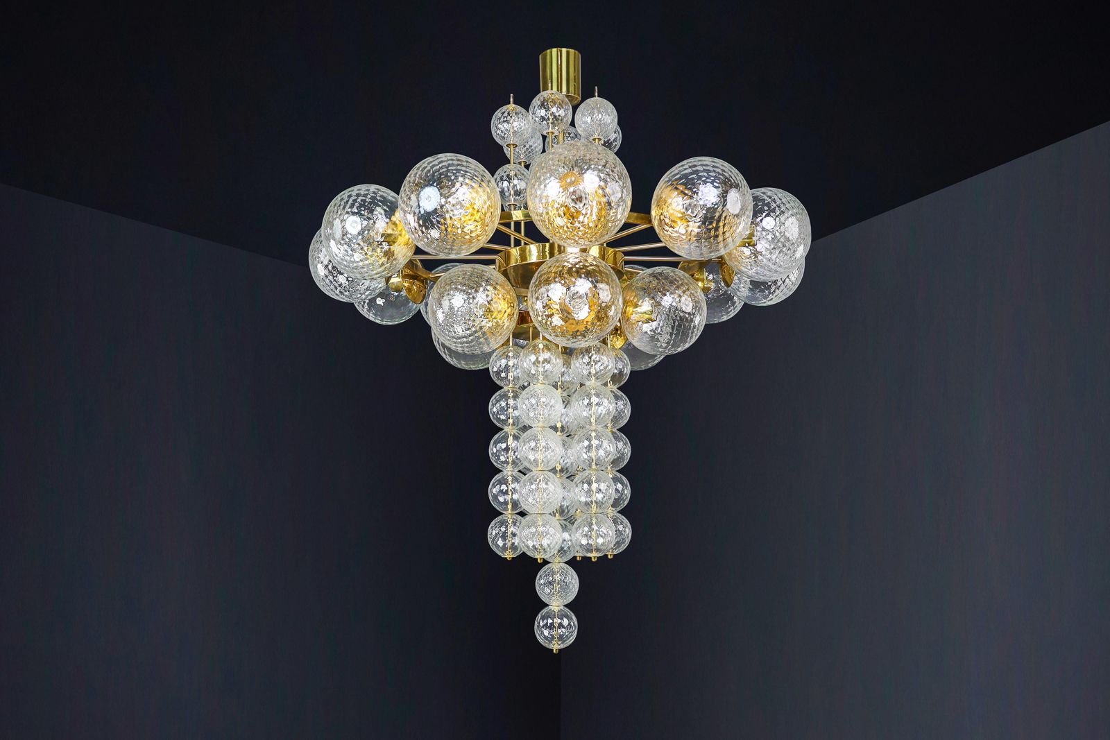 photo for sale Large Chandelier With Brass Fixture And Hand Blowed Glass Globes By Preciosa Cz.