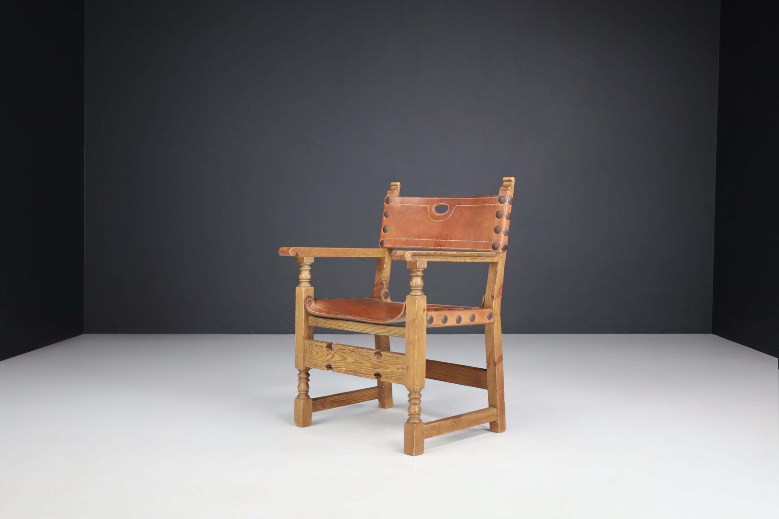 Pine And Saddle Leather Arm Chairs, France, 1940s photo for sale