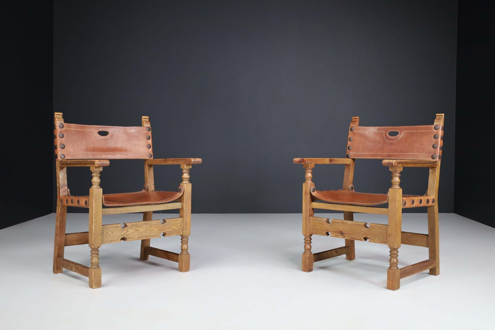 Pine And Saddle Leather Arm Chairs, France, 1940s photo vintage
