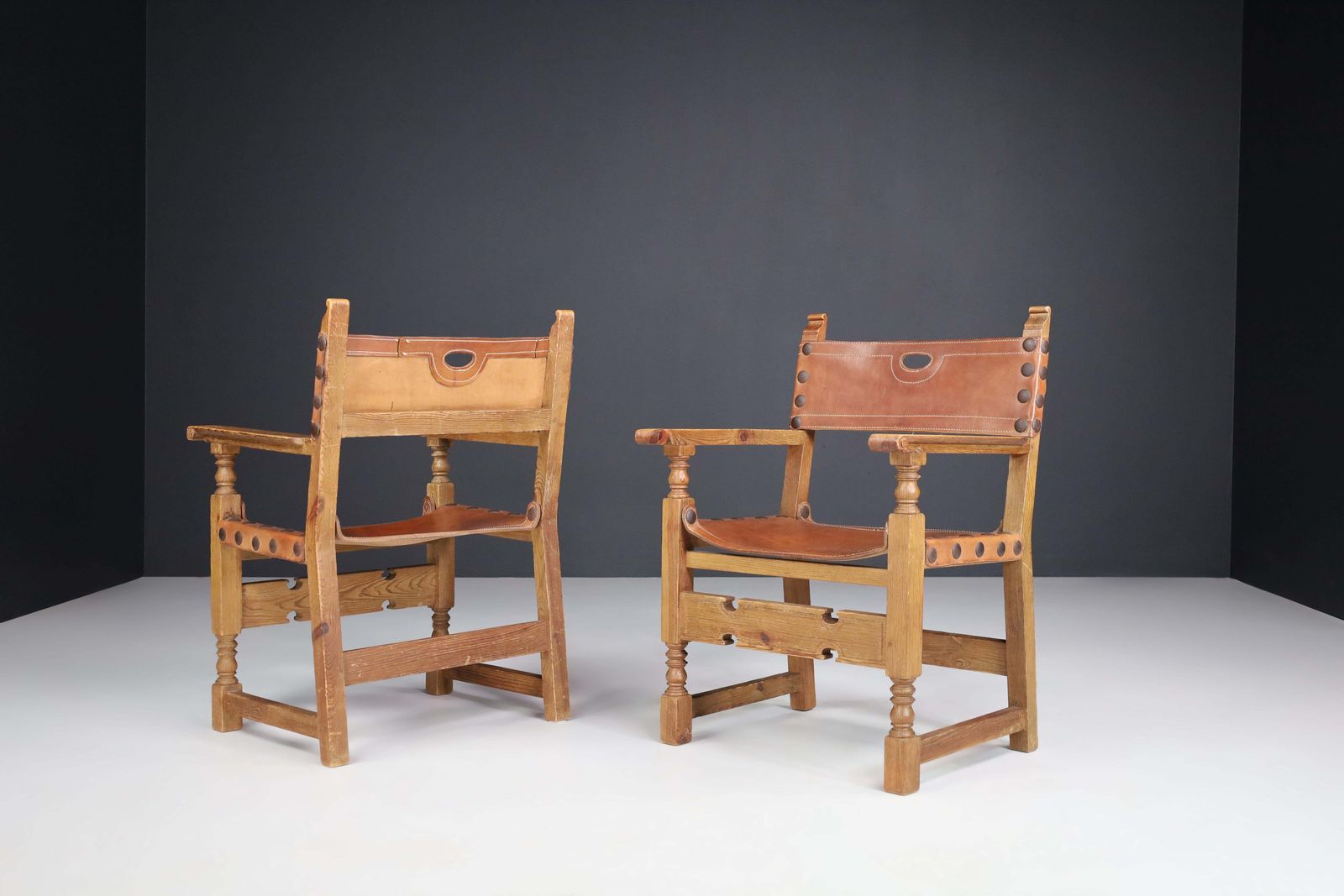 photo furniture Pine And Saddle Leather Arm Chairs, France, 1940s