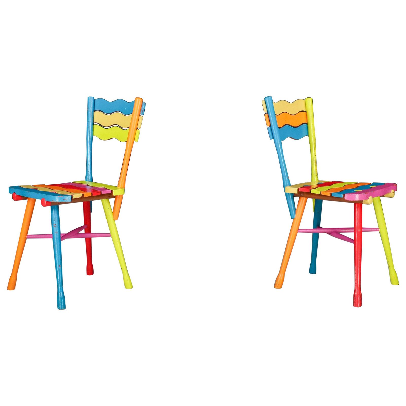 Pair Of Mid Century French Folk Art Painted Beechwood Chairs, France, 1960s