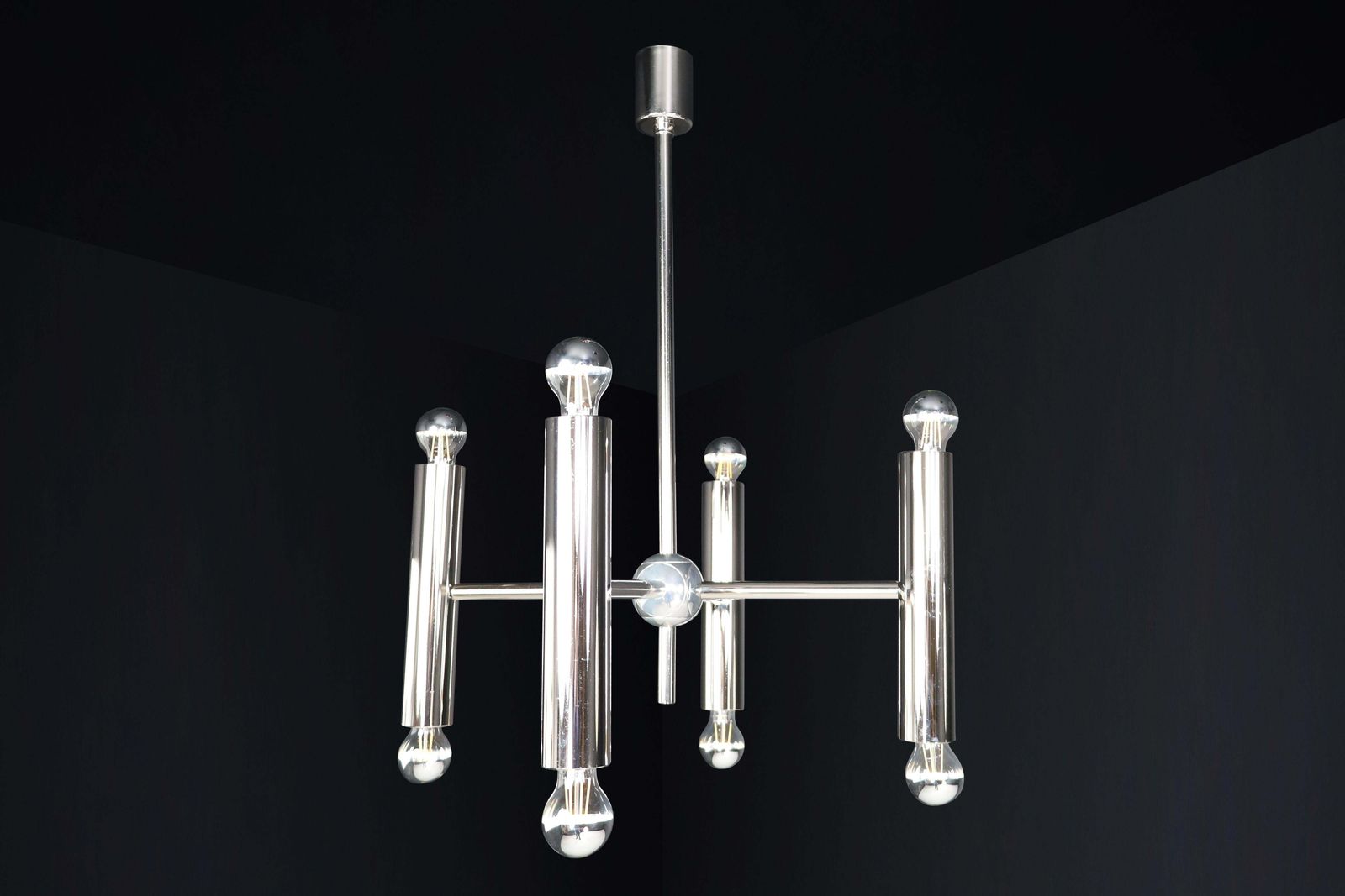 Mid Century Modern Chandelier In Polished Steel With Eight Lights, Germany 1960 photo Lighting