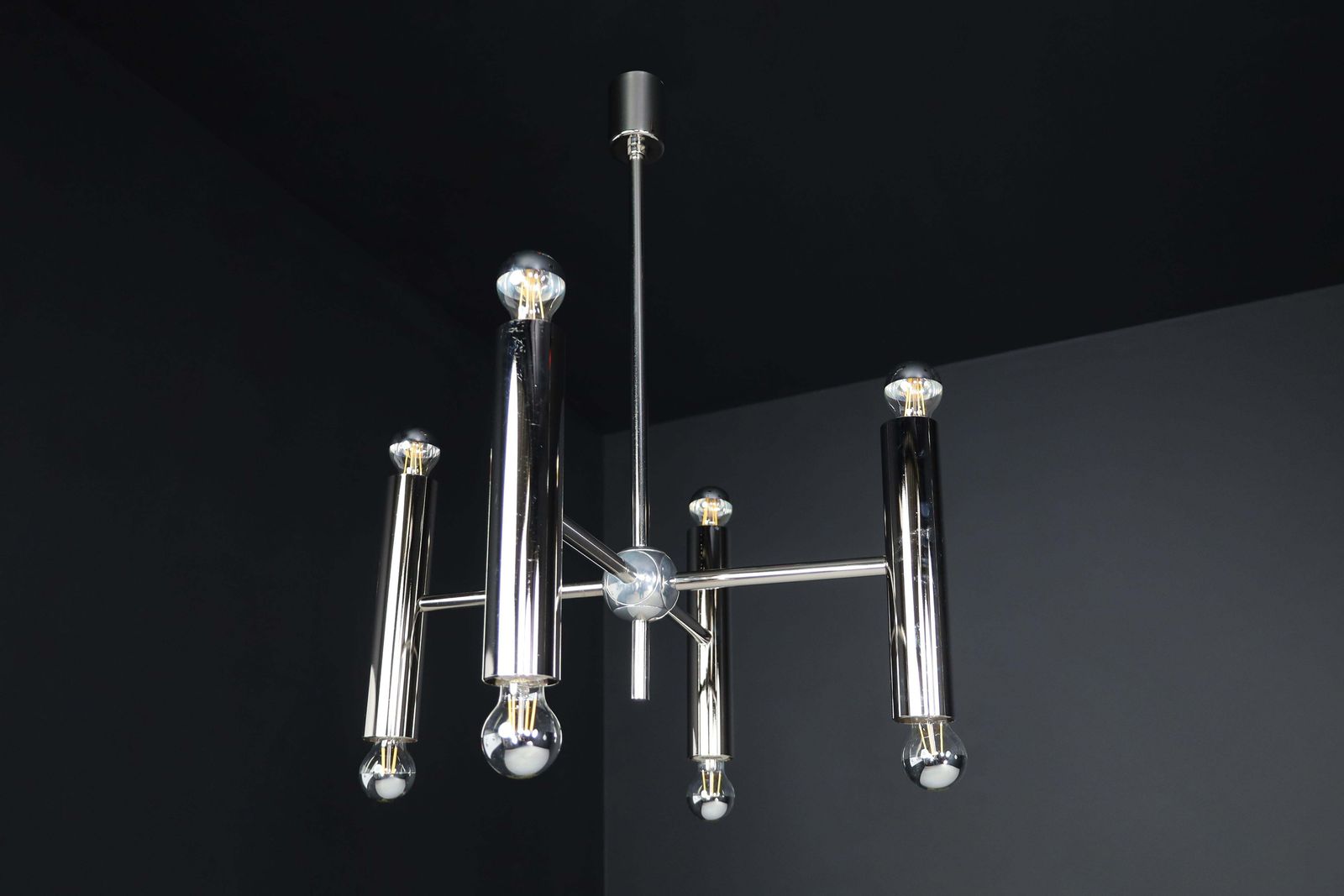 Mid Century Modern Chandelier In Polished Steel With Eight Lights, Germany 1960 photo vinterior