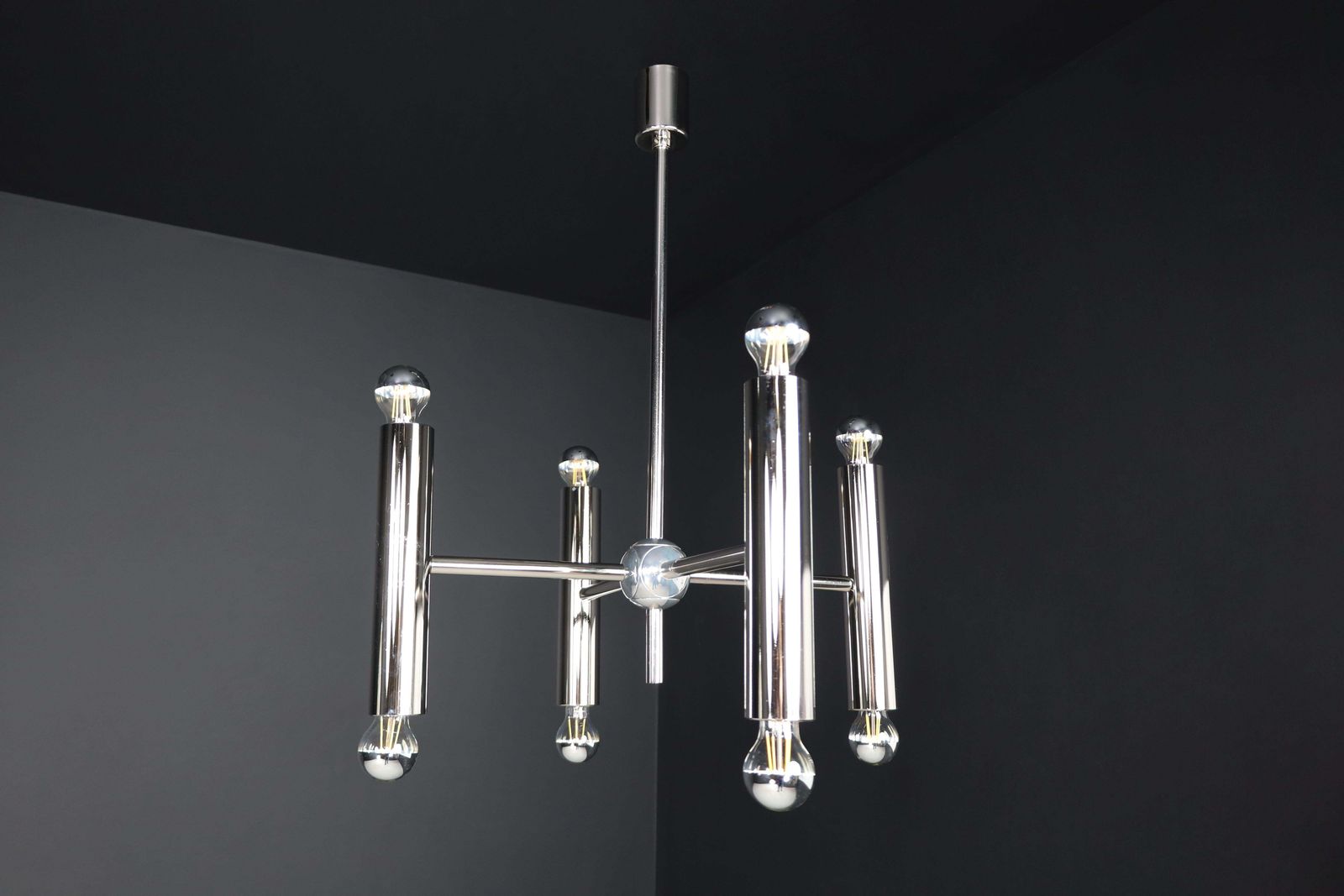 Mid Century Modern Chandelier In Polished Steel With Eight Lights, Germany 1960 photo buy