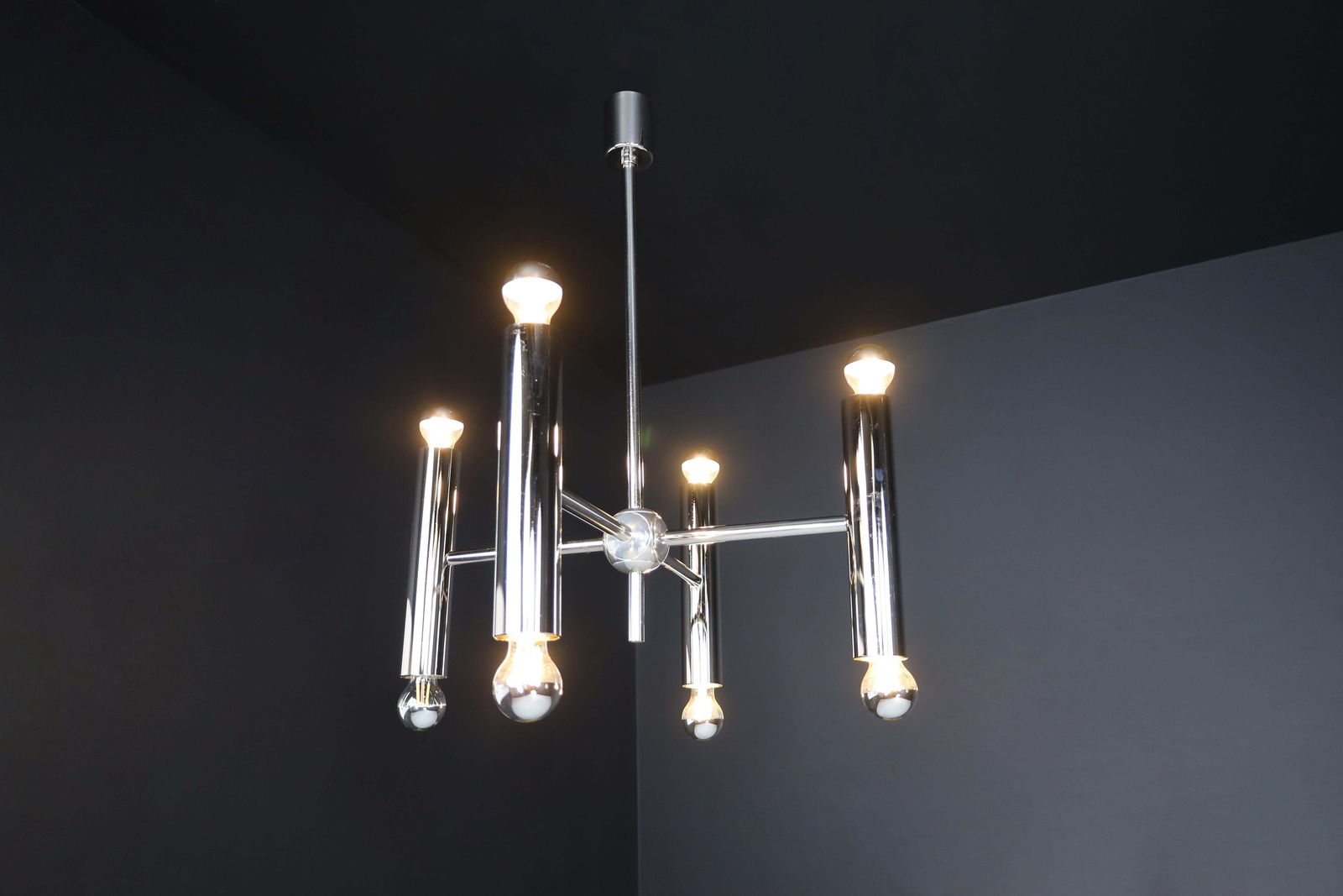 Mid Century Modern Chandelier In Polished Steel With Eight Lights, Germany 1960 photo vintage
