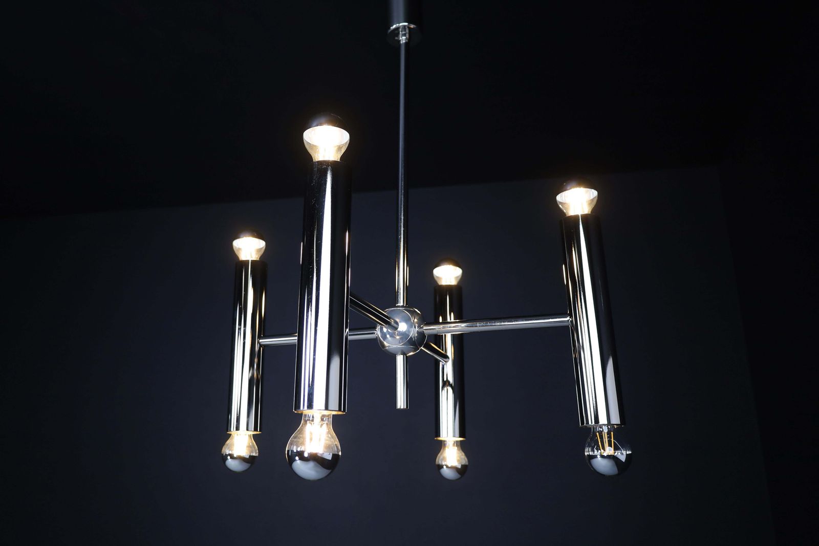 photo furniture Mid Century Modern Chandelier In Polished Steel With Eight Lights, Germany 1960