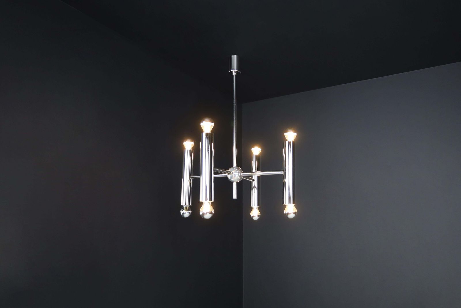 photo for sale Mid Century Modern Chandelier In Polished Steel With Eight Lights, Germany 1960