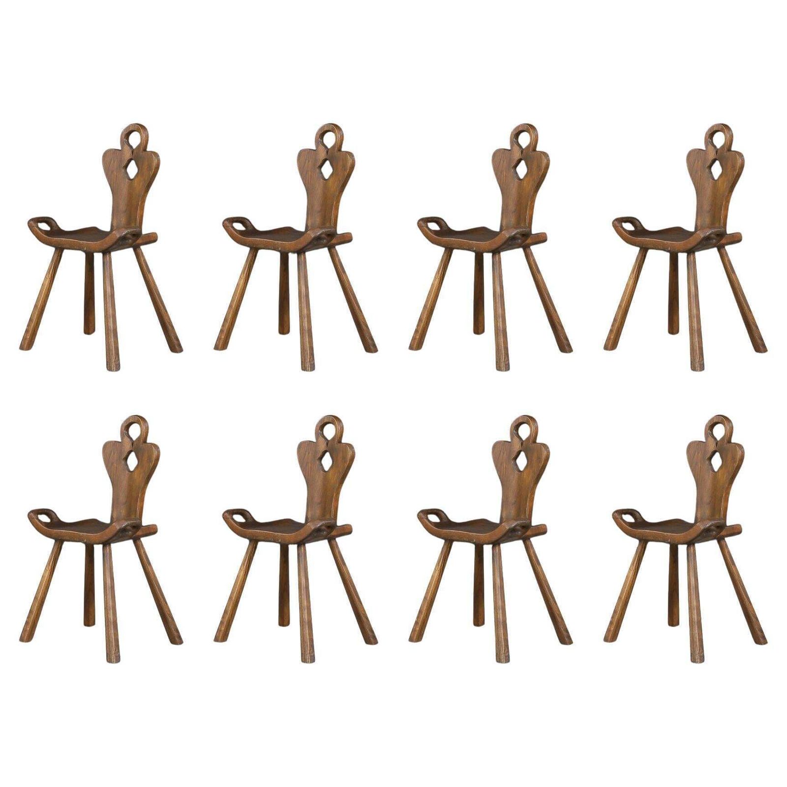 Set Of 8 Sculptural French Alpine Chairs In Solid Oak, France, 1950s