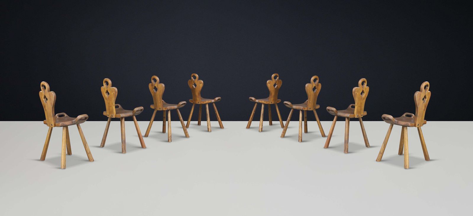 Set Of 8 Sculptural French Alpine Chairs In Solid Oak, France, 1950s photo buy