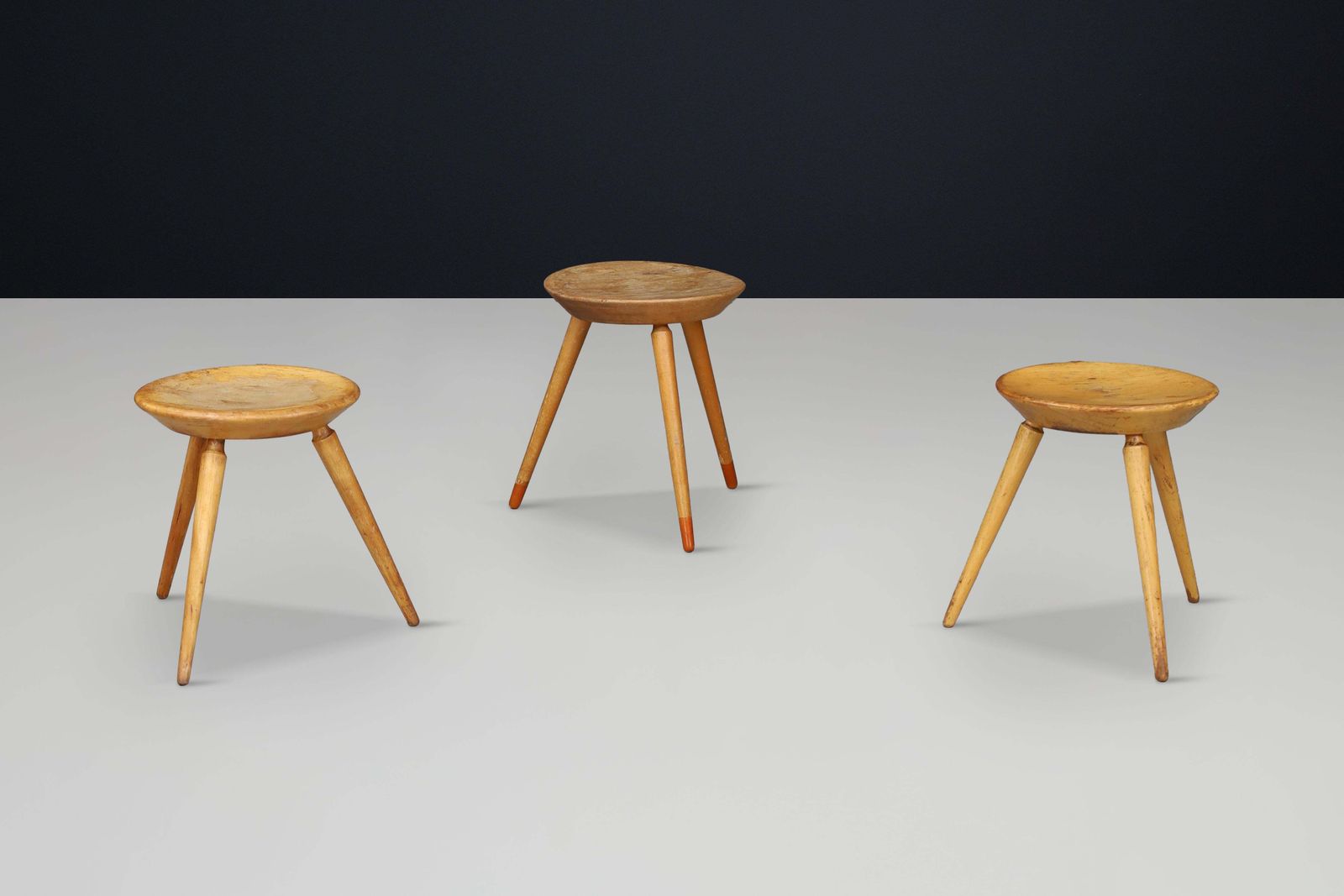 Set Of Three Rustic Mid Century Tripod Stools In Solid Wood, France, 1950s photo vintage