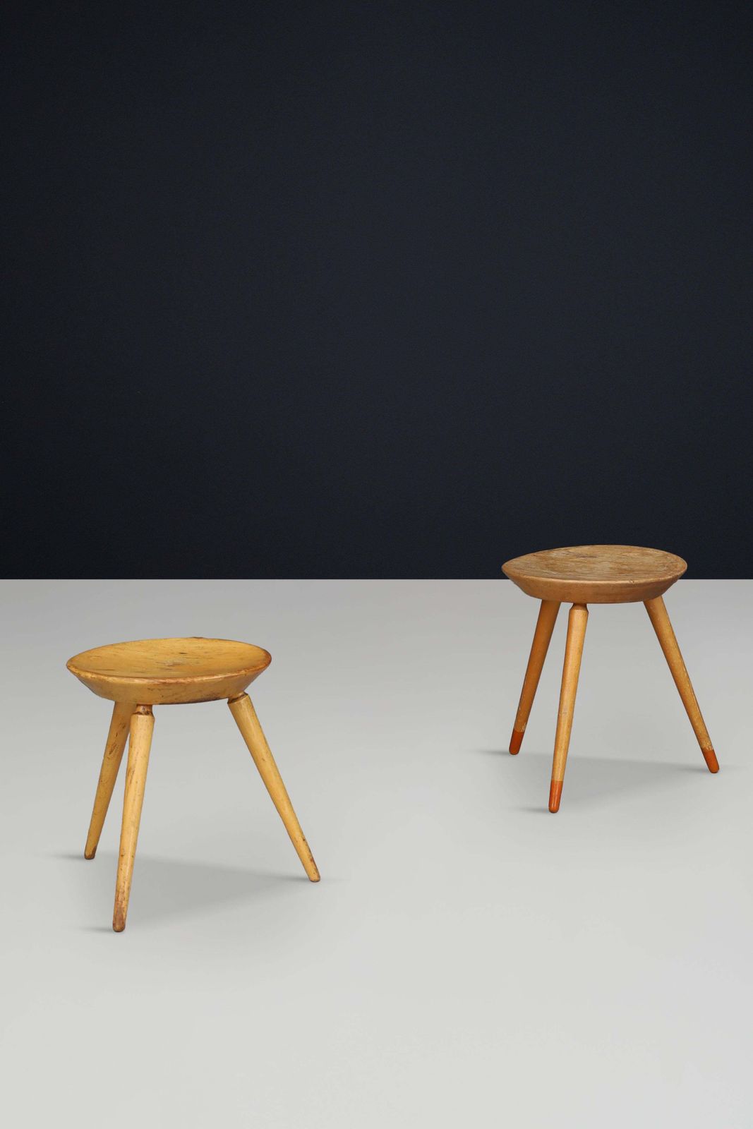 photo furniture Set Of Three Rustic Mid Century Tripod Stools In Solid Wood, France, 1950s