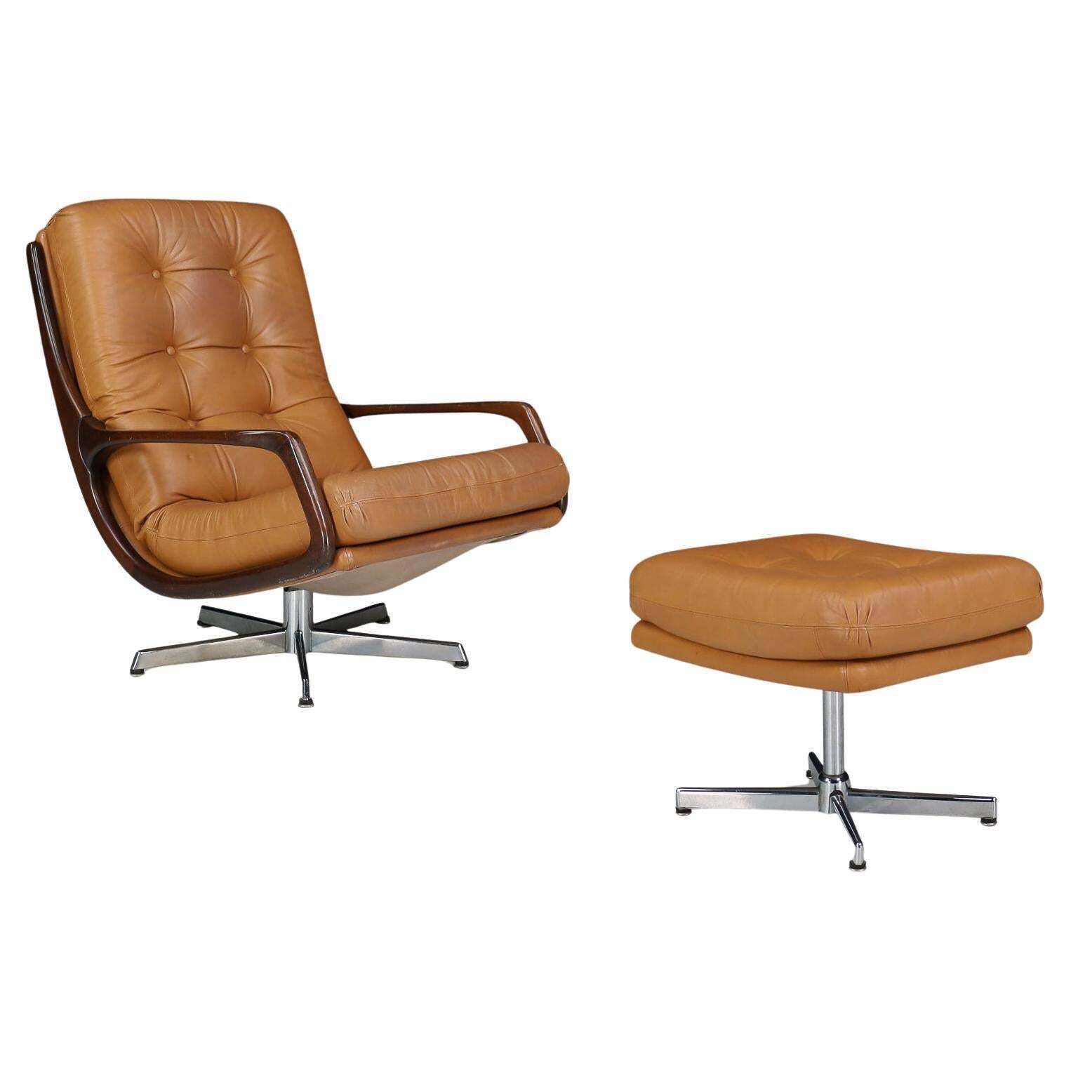 Eugen Schmidt Swivel Lounge Chair And Ottoman In Cognac Leather, Germany, 1970s