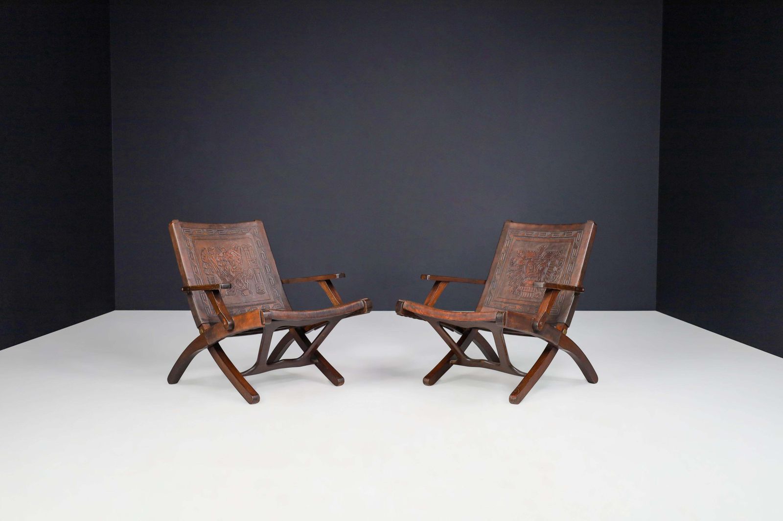 Angel I. Pazmino Cognac Colored Saddle Leather Arm Chairs Ecuador 1970s photo Furniture