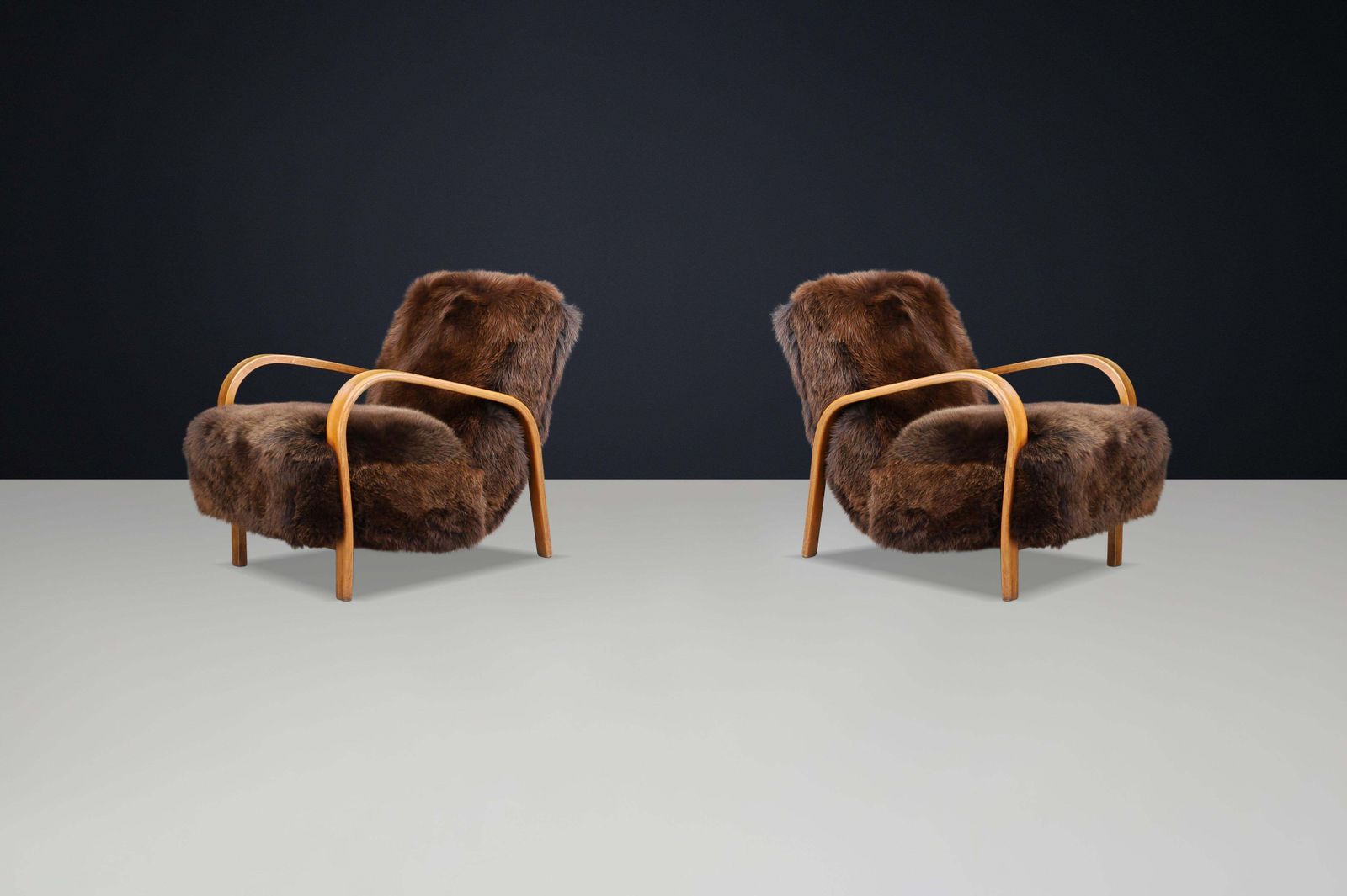1940s Kozelka & Kropacek Armchairs In Texel Sheepskin & Honey Blond Bentwood photo furniture