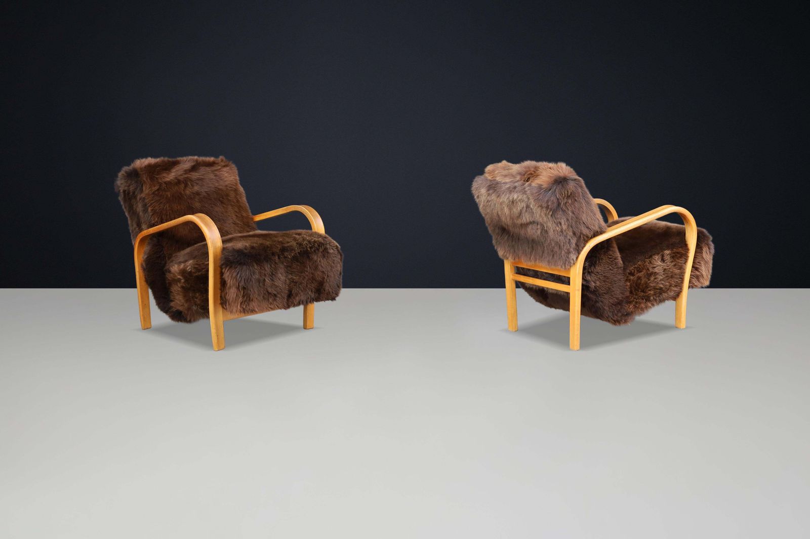 photo for sale 1940s Kozelka & Kropacek Armchairs In Texel Sheepskin & Honey Blond Bentwood