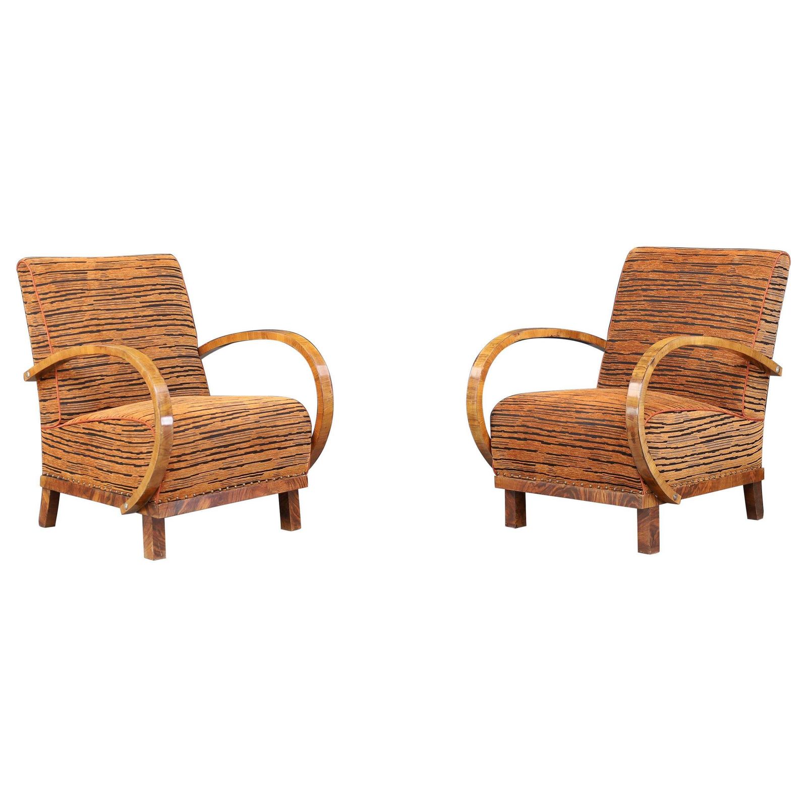 Striking Pair Of Austrian Art Deco Lounge Chairs In Walnut With New Tiger Fabric