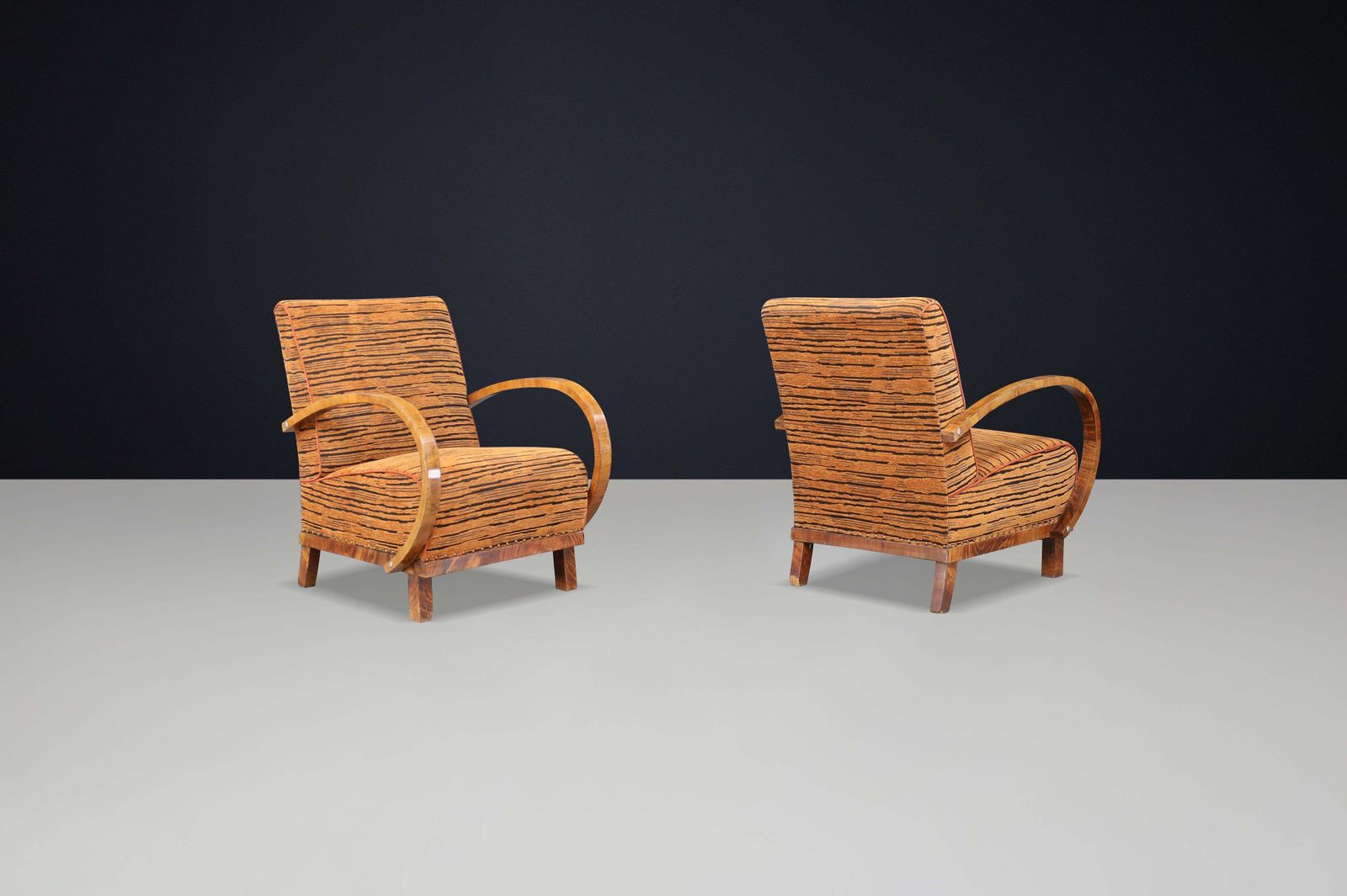 Striking Pair Of Austrian Art Deco Lounge Chairs In Walnut With New Tiger Fabric photo vintage