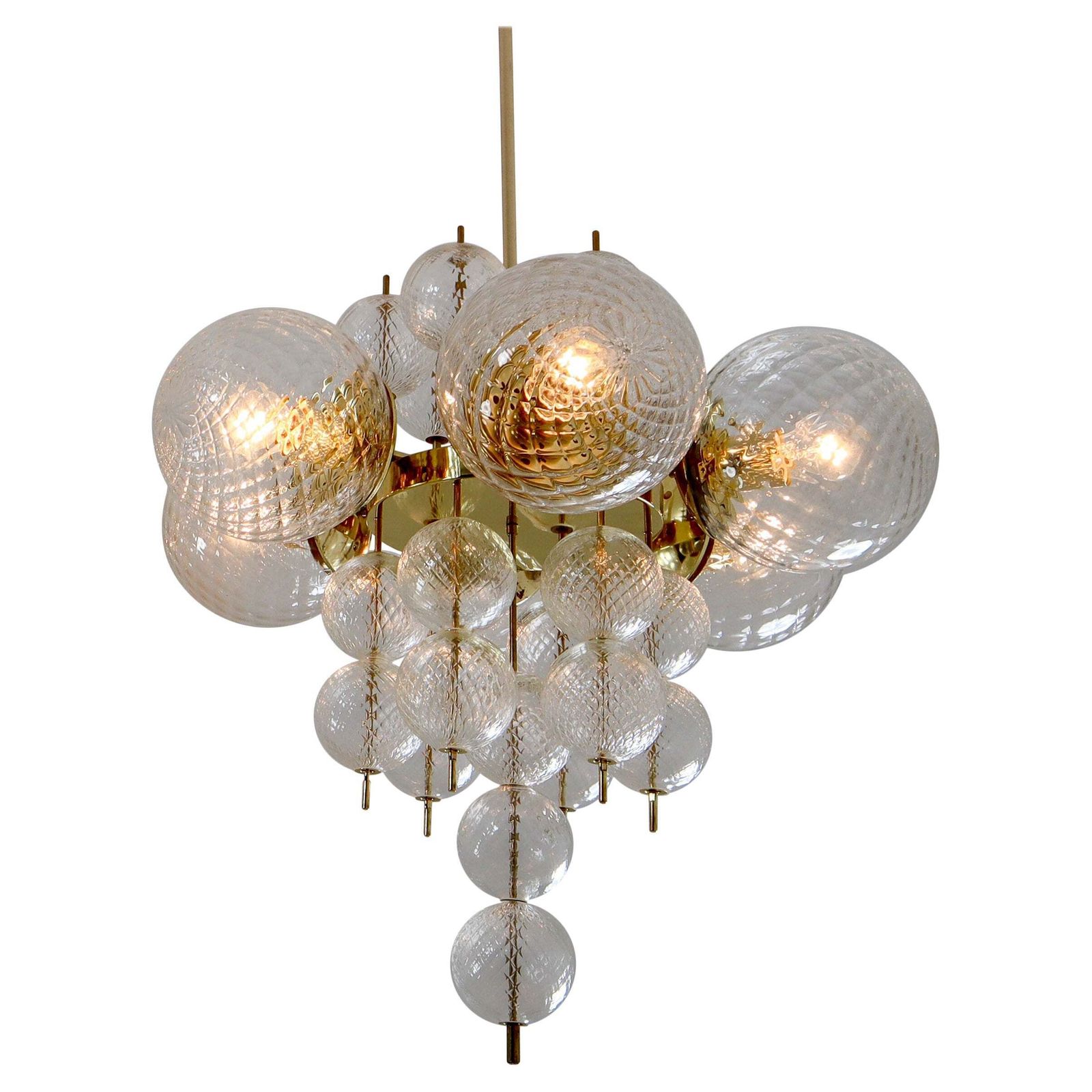 Mid Century Chandelier With Brass Fixture & Structured Glass Globes By Preciosa