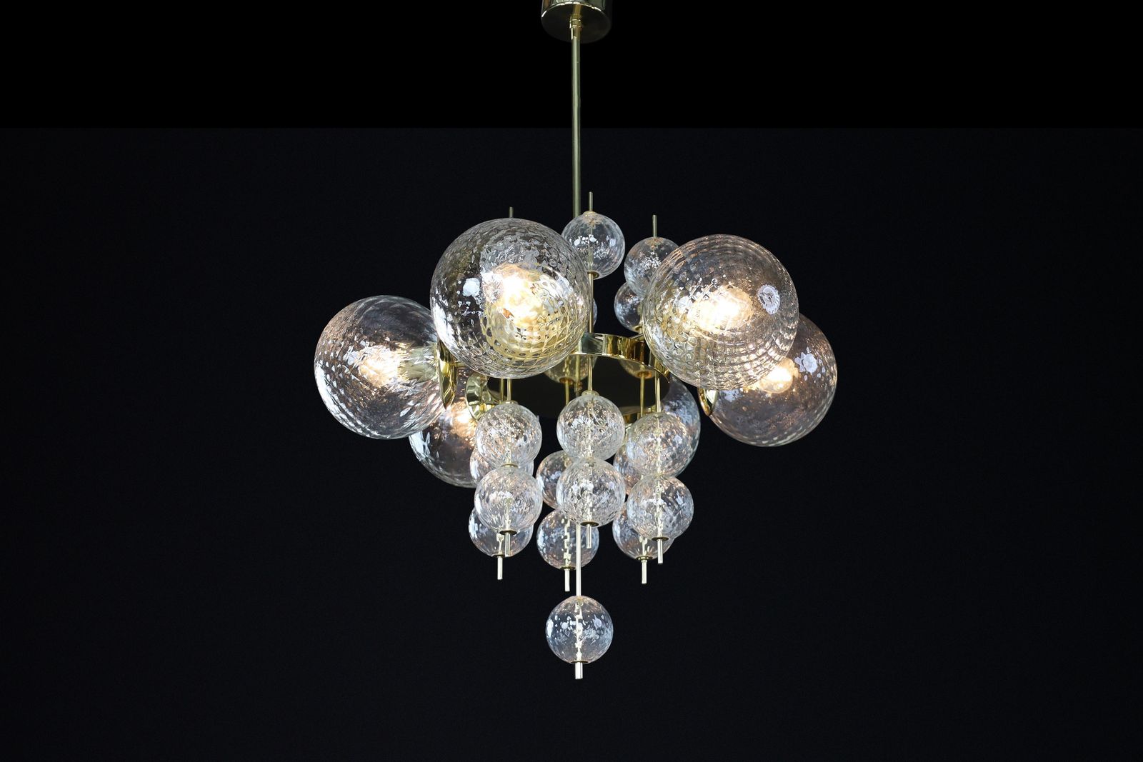 Mid Century Chandelier With Brass Fixture & Structured Glass Globes By Preciosa photo for sale