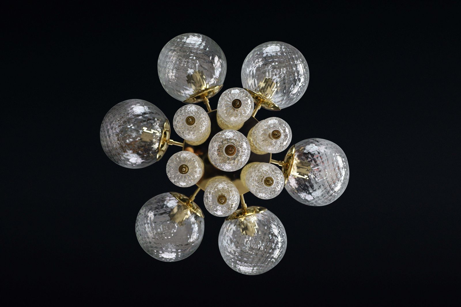 Mid Century Chandelier With Brass Fixture & Structured Glass Globes By Preciosa photo 5435.0