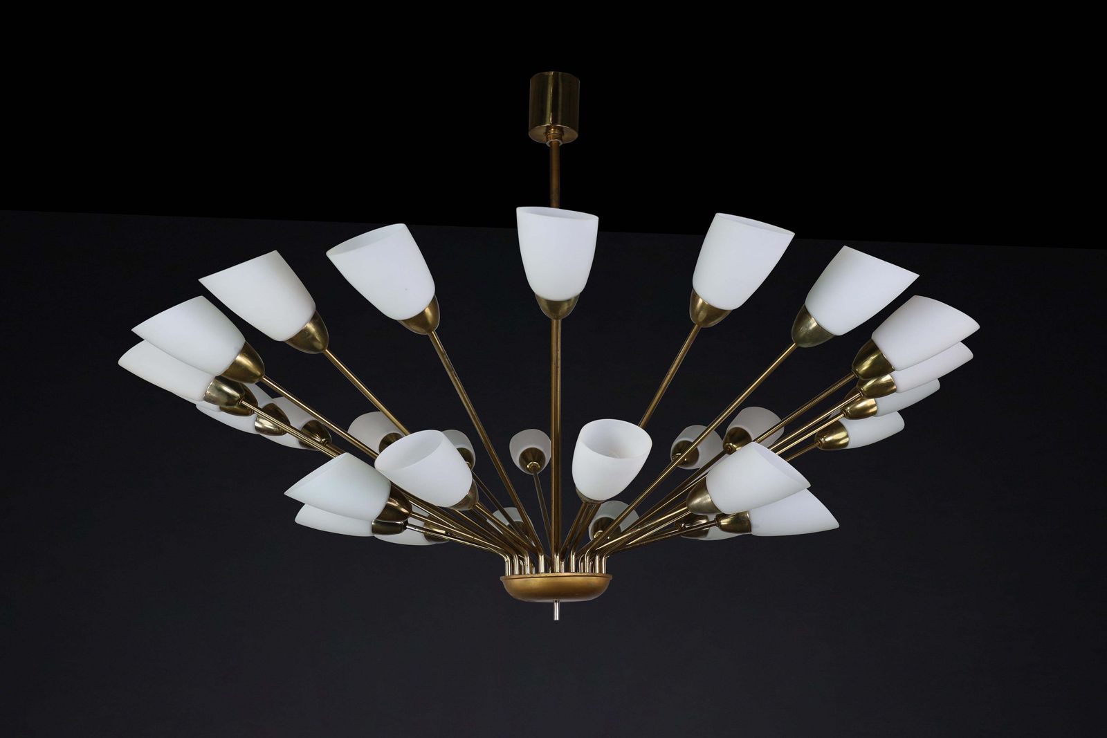 Large Midcentury Spider Form Sputnik Chandelier In Brass And  30 Opaline Shades photo Lighting