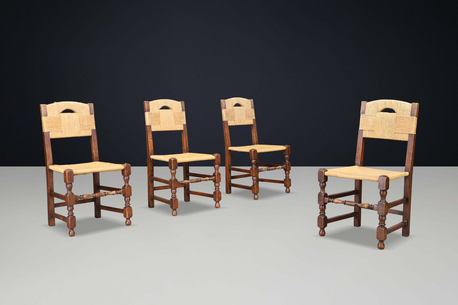 Set Of 4 French Oak Dining Chairs With Rope Seats, 1940s photo furniture