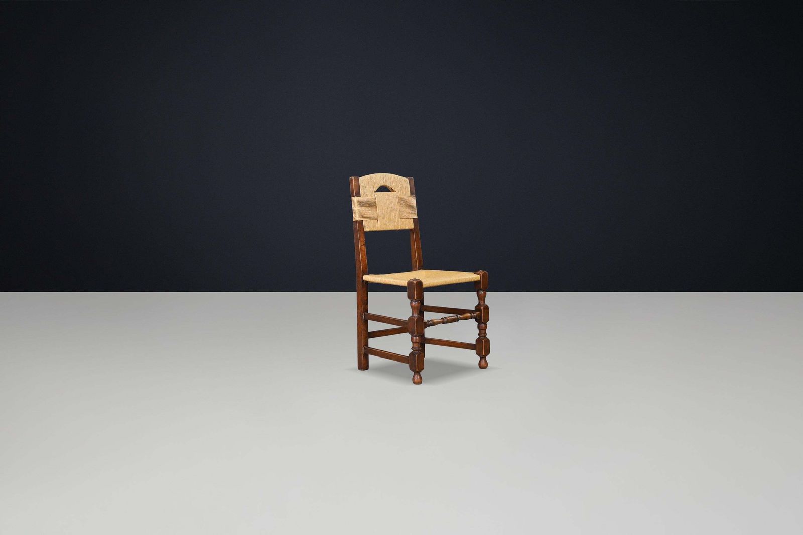 Set Of 4 French Oak Dining Chairs With Rope Seats, 1940s photo vinterior