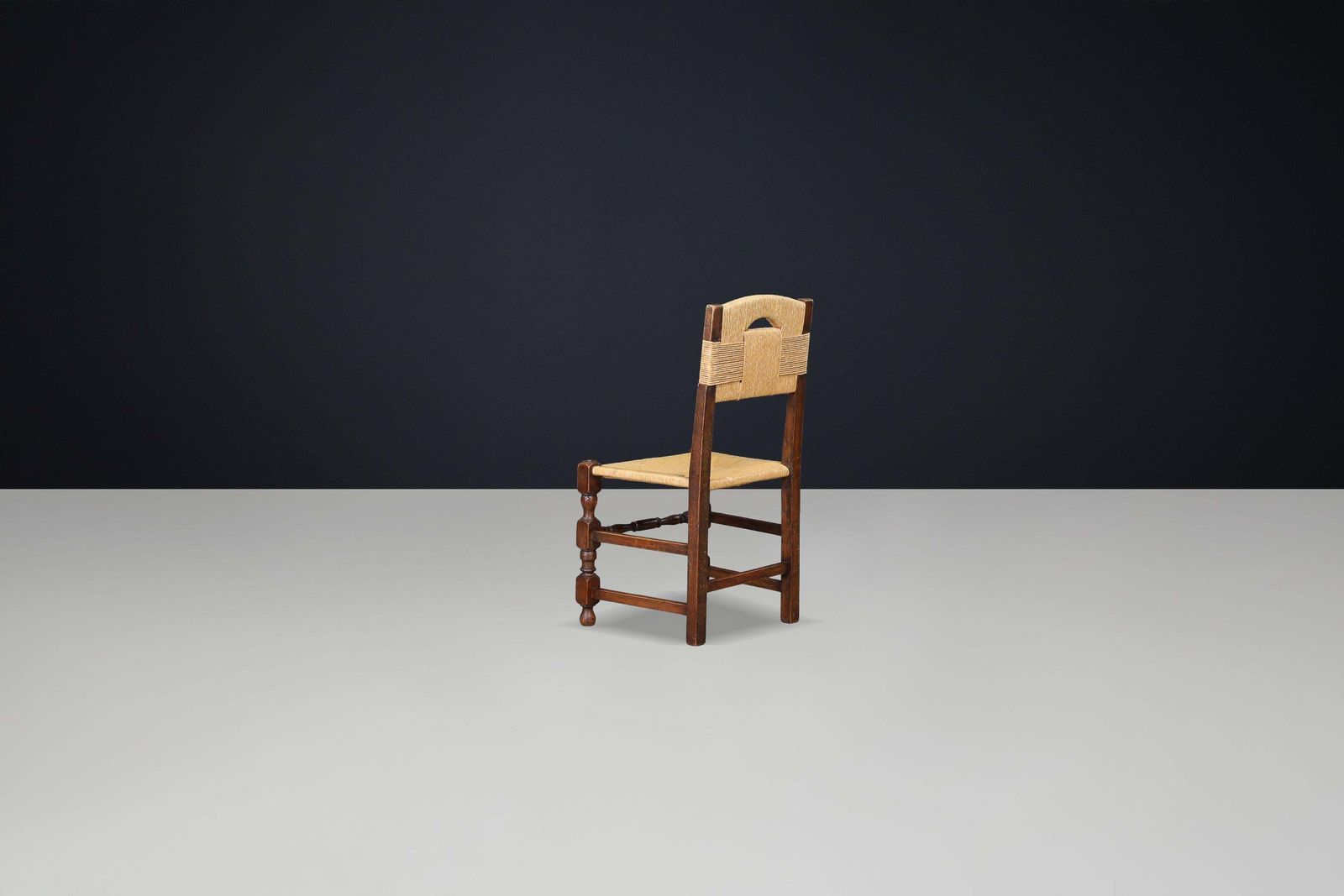 Set Of 4 French Oak Dining Chairs With Rope Seats, 1940s photo vintage