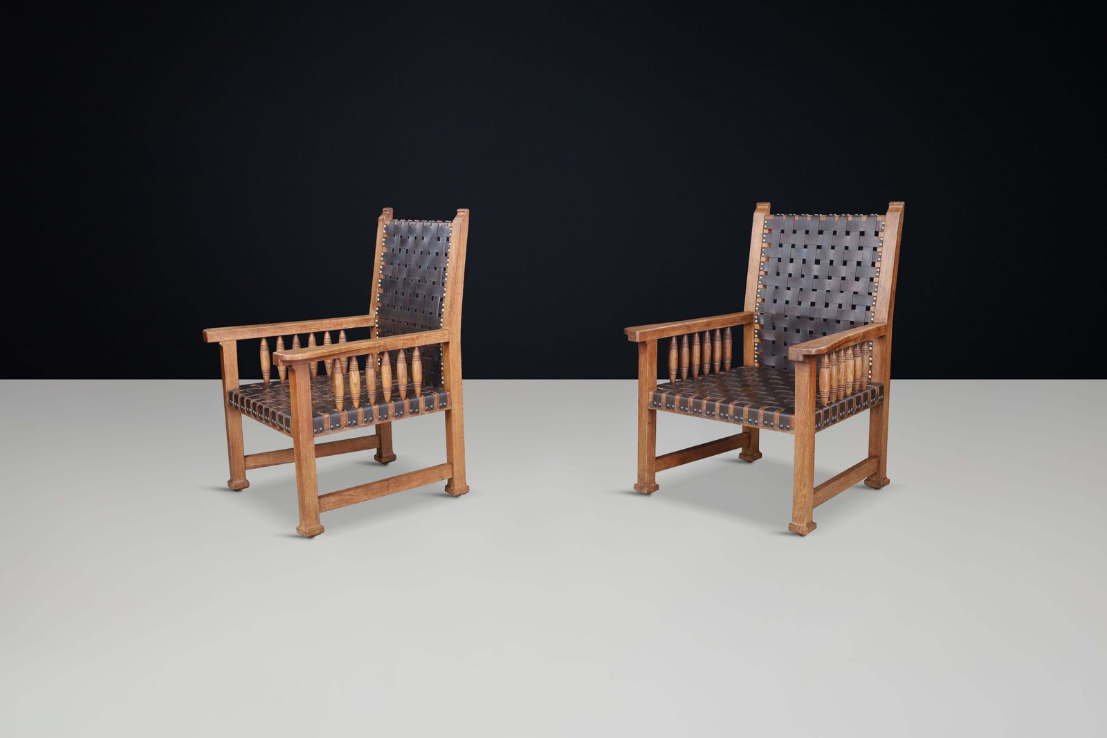 A Pair Of Leather And Oak Armchairs From France, 1950s. photo vintage