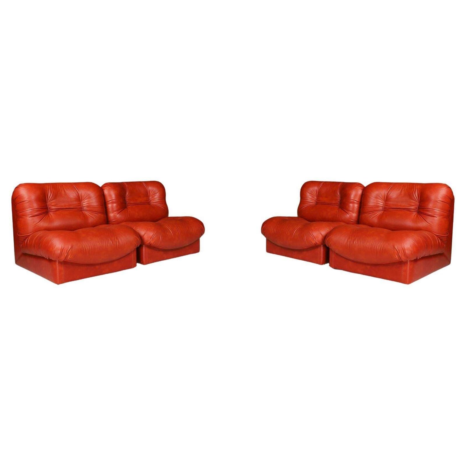 Set Of Four Italian Mid Century Modern Leather Lounge Chairs, 1970s