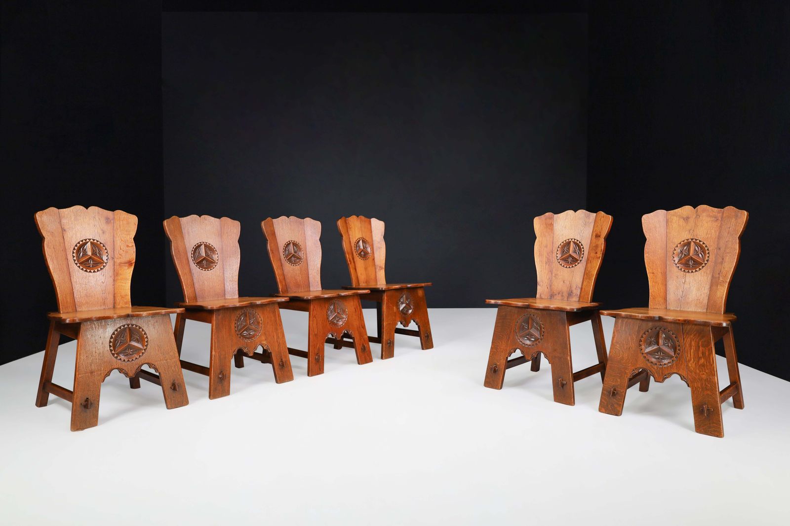 Furniture Set Of Six Rural Oak Dining Chairs, Spain, 1950s photo