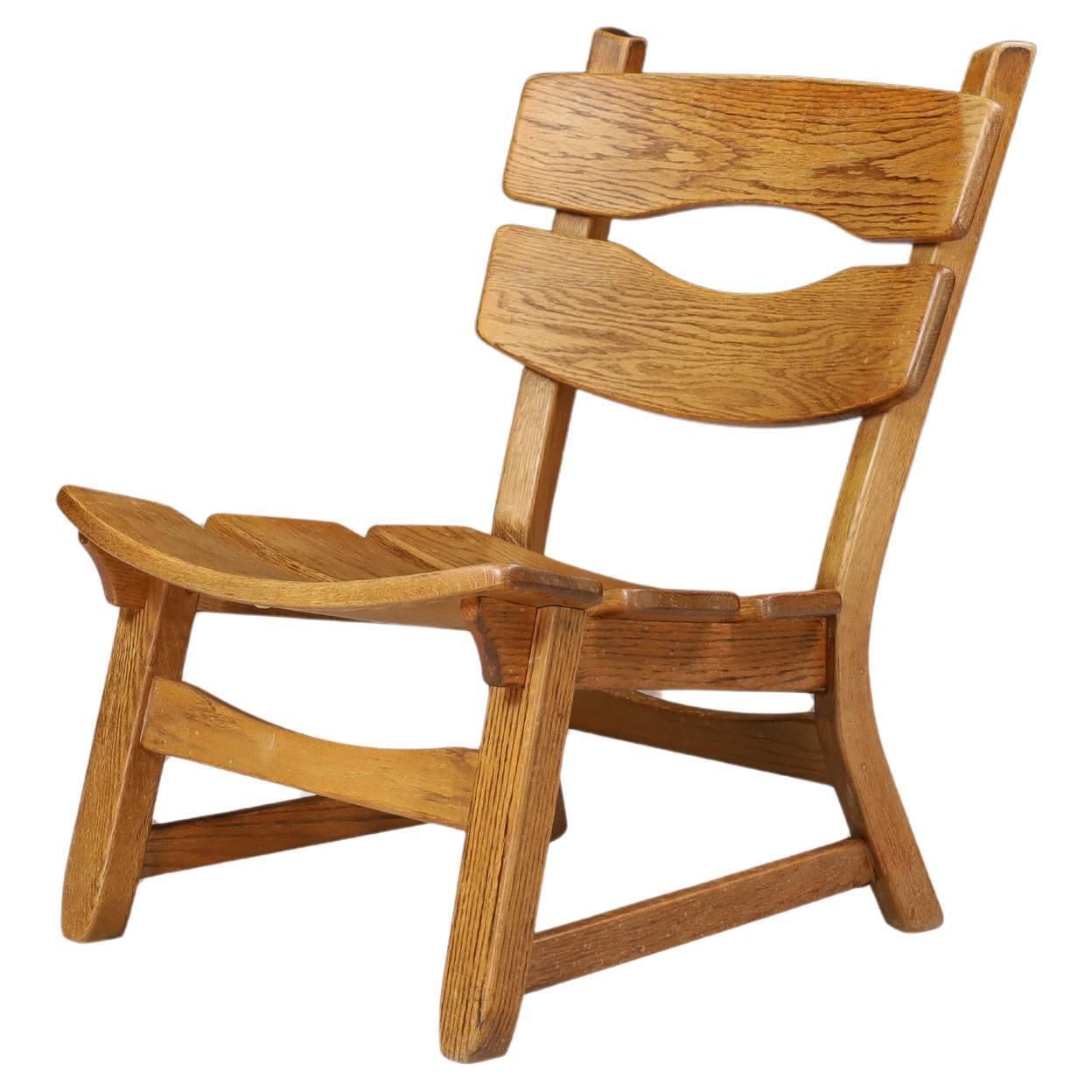 Sculptural Brutalist Lounge Chair In Blond Oak, France, 1960s