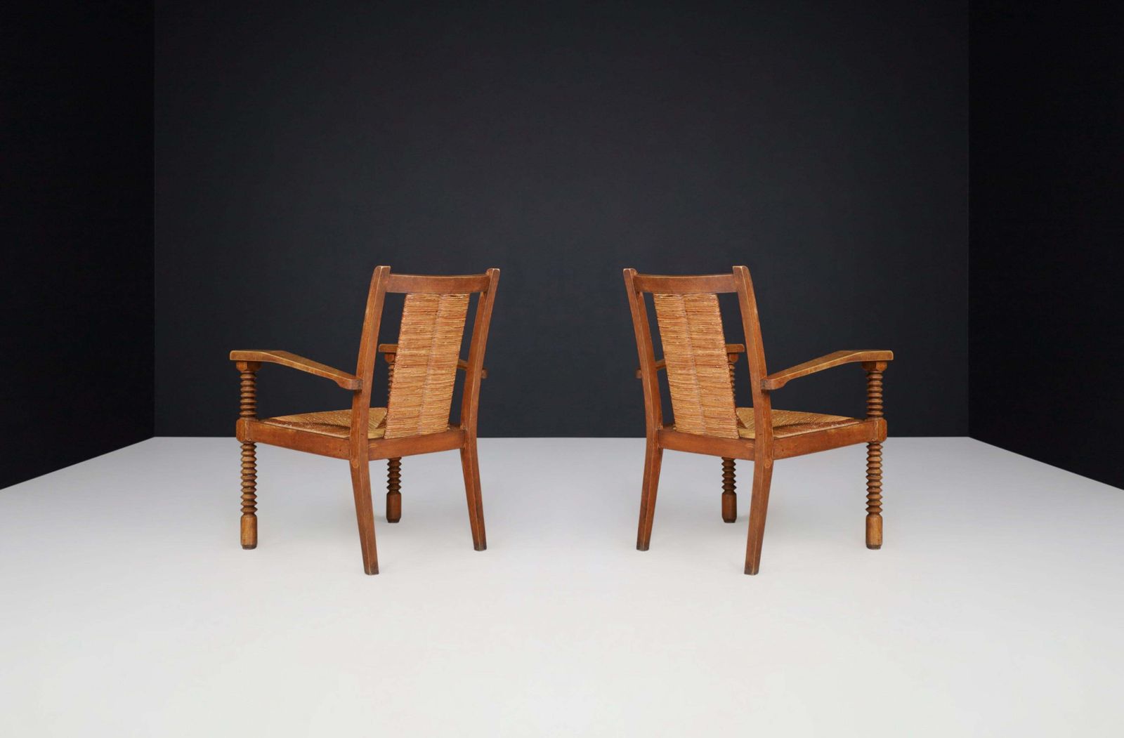 Charles Dudouyt Patinated Oak And Rush Armchairs, France 1940s photo Furniture